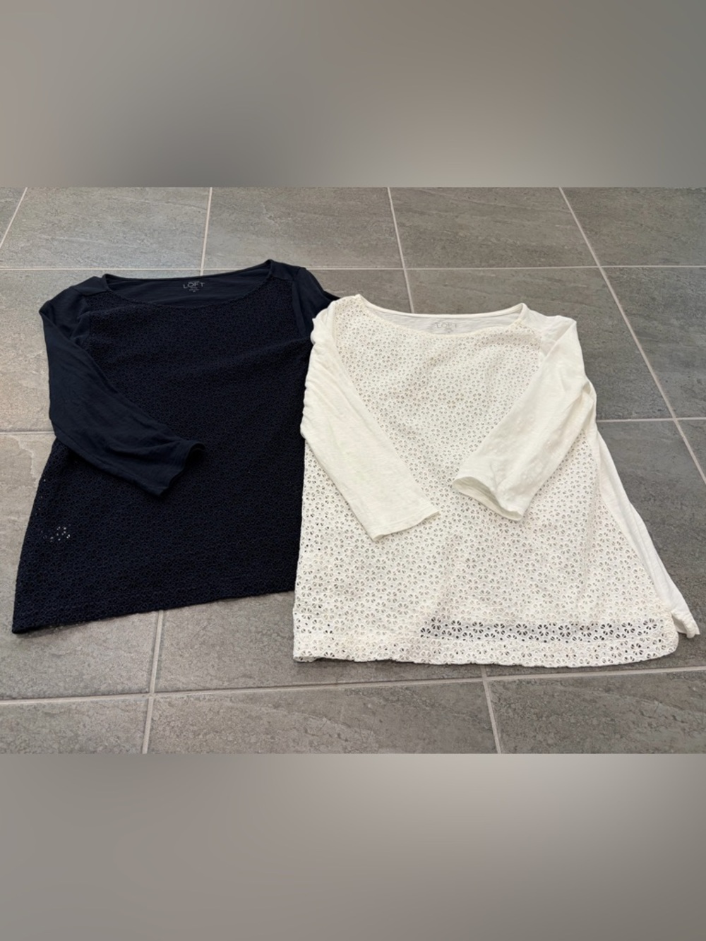 2 used women’s eyelet tees, Ann Taylor LOFT, size SP. Blue & white, 3/4 sleeve